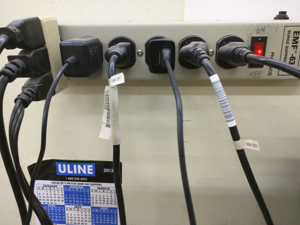 The conventional pwer strip, a common solution to multiple device charging.