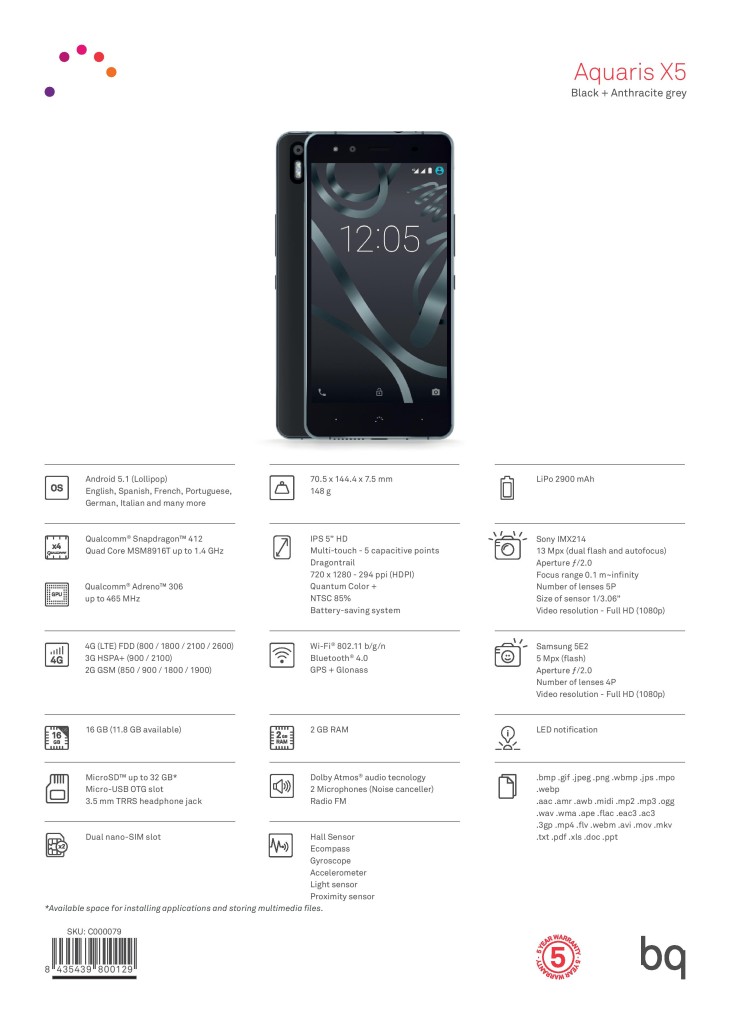 spec sheet Aquaris x5